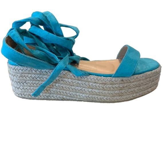 Fashion Nova espadrilles flats ankle leg ties single toe strap turquoise blue 9 - Picture 2 of 11